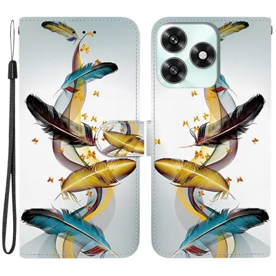 Cover per telefono con chiusura pieghevole in pelle con stampa a motivo di For Honor Play10A 4G / X5c Plus 4G / X5c 4G, con laccetto - Farfalla dorata e piuma