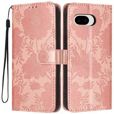 For Google Pixel 9a Wallet Case Imprint Floral PU Leather Stand Flip Phone Cover with Wrist Strap - Rose Gold
