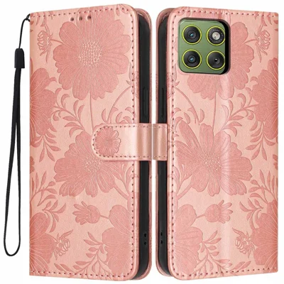For Motorola Edge 70 5G Wallet Case Imprint Floral PU Leather Stand Flip Phone Cover with Wrist Strap - Rose Gold