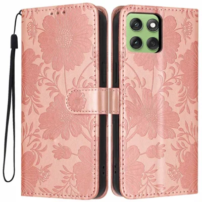 For Motorola Edge 60 Fusion 5G  /  Edge 60 5G Wallet Case Imprint Floral PU Leather Stand Flip Phone Cover with Wrist Strap - Rose Gold