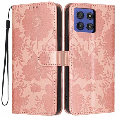 For Motorola Moto G Stylus 5G (2025) Wallet Case Imprint Floral PU Leather Stand Flip Phone Cover with Wrist Strap - Rose Gold
