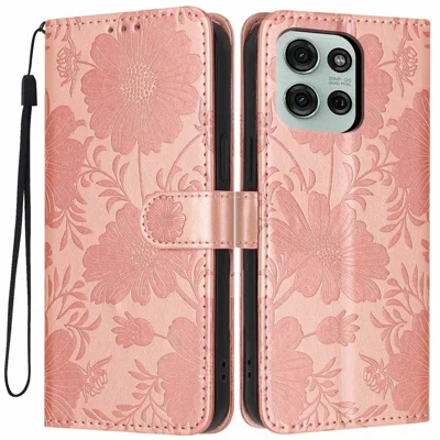 For Motorola Moto G75 5G tegnebogsskærm med floral trykt PU-læder stander flipdæksel med håndledsrem - Rosen guld