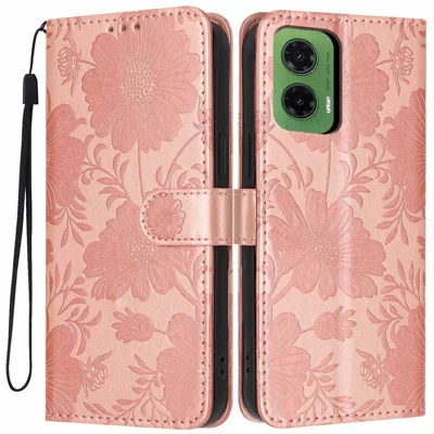 For Motorola Moto G35 5G Wallet Case Imprint Floral PU Leather Stand Flip Phone Cover with Wrist Strap - Rose Gold