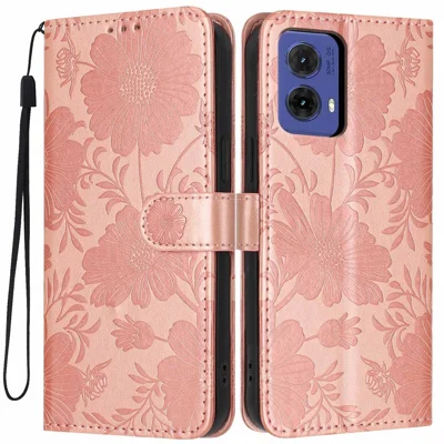 Wallet Case for Motorola Moto G85 5G  /  S50 Neo 5G Imprint Floral PU Leather Stand Flip Phone Cover with Wrist Strap - Rose Gold