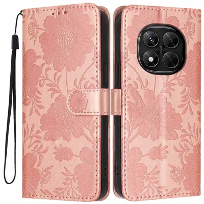 Wallet Case for Xiaomi Redmi Note 14 Pro 5G  /  Poco X7 5G Imprint Floral PU Leather Stand Flip Phone Cover with Wrist Strap - Rose Gold