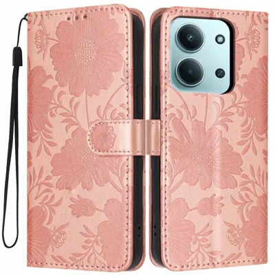 For Xiaomi Redmi 15C 5G (Global) (171mm) Wallet Case Imprint Floral PU Leather Stand Flip Phone Cover with Wrist Strap - Rose Gold