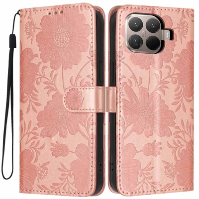 For Xiaomi 15T Pro Wallet Case Imprint Floral PU Leather Stand Flip Phone Cover with Wrist Strap - Rose Gold