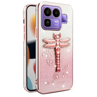KADEM Für Realme Neo8 5G Hülle Libelle Ständer TPU Blumen Glitzer Handyhülle - Rosa