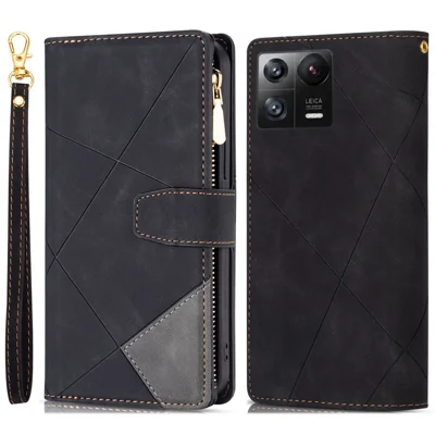 Para Xiaomi 13 Pro 5G Color Splicing Zipper Pocket Phone Case Imprinting Lines PU Leather Wallet Stand Cover - Negro