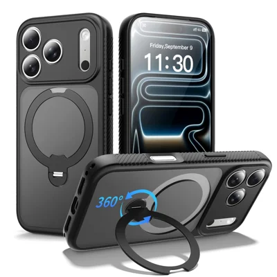 For iPhone 17 Pro Magnetisk Case Kompatibel med MagSafe Rotary Stand PC + TPU Støjsikker Telefonbeskyttelse - Sort
