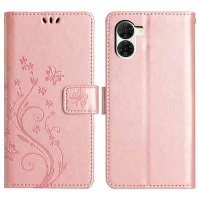 For ZTE nubia S2 Leather Wallet Case Butterfly Flower Imprinted Phone Cover with Strap - Rose Gold
