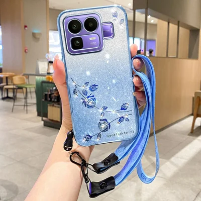 KADEM Handyhülle für Realme Neo8 5G Blumenmuster TPU-Gradienten-Handyhülle mit Lanyards – Blau