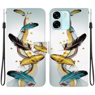 För Oppo A6 5G (Global) / A6 4G / A6s 5G / A6s 4G / A6t Pro 4G / A6x 4G / A6x 5G Skal Med Mönstertryck Läder Vippskal Plånbetsöverdrag Med Lanyard - Gyllene Fjäder Som Liknar En Fjäril