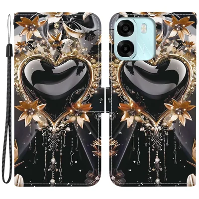 For Oppo A6 5G (Global)  /  A6 4G  /  A6s 5G  /  A6s 4G  /  A6t Pro 4G  /  A6x 4G  /  A6x 5G Wallet Case Pattern Printing Leather Stand Phone Cover with Strap - Black Gold