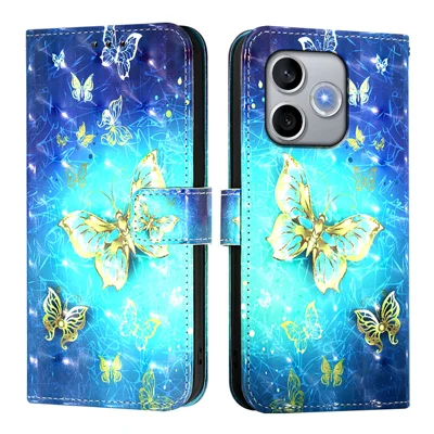 Capa de Couro para Honor 600 Lite 5G com Impressão de Padrão, Carteira com Suporte e Alça - Borboletas Douradas
