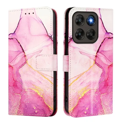 Étui pour Motorola Moto G77 5G / Motorola Moto G67 5G avec dragonne, motif marbré en cuir, housse porte-cartes - Rose / Violet / Or LS001