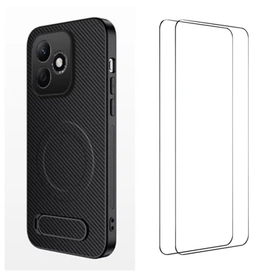 WANLONFENG For Honor 600 Lite 5G QT1 Series Magnetic Case with 2Pcs Tempered Glass Films Kickstand Carbon Fiber Texture PC TPU Phone Cover - Black