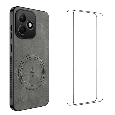 WANLONFENG For Honor 600 Lite 5G SD Series Magnetic Case Nappa Texture PC TPU Phone Cover with 2Pcs Screen Film - Grey
