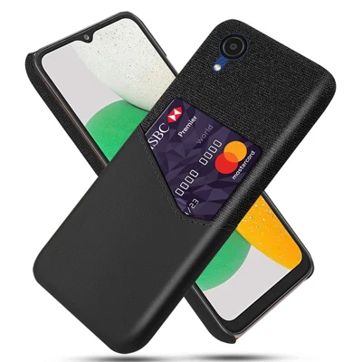 For Samsung Galaxy A23e Shockproof Cloth Texture Phone Case PU Leather Coated PC Scratch-resistant Cell Phone Cover with Card Slot - Black