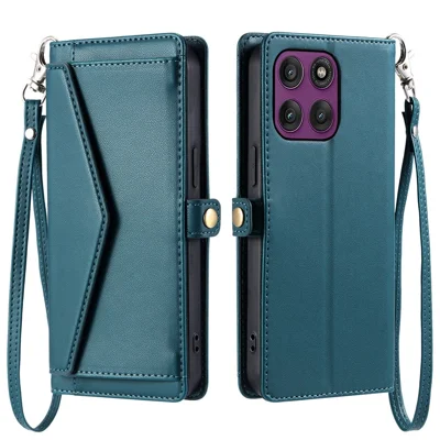 Funda de cuero para Motorola Edge 70 Fusion 5G con soporte, billetera y correa de muñeca - Verde oscuro