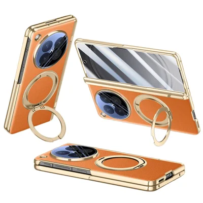 Funda magnética para Oppo Find N6 5G con cristal templado, soporte metálico giratorio de 360°, carcasa de cuero PU + PC + acrílico - Naranja