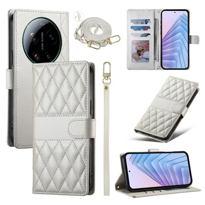 Für Xiaomi 17 Ultra 5G Brieftaschenhülle mit Rhombus-Stichung Ständer Ledertasche mit langer / kurzer Schlaufe - Beige