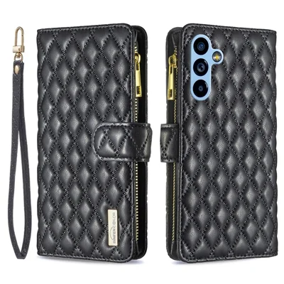 BINFEN COLOR BF Style-15 for Samsung Galaxy A54 5G PU Leather Zipper Pocket Phone Case Imprinted Rhombus Pattern Wallet Foldable Stand Cover with Strap - Black