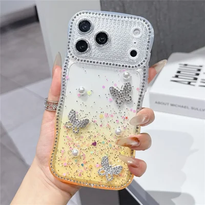 For iPhone  18 Pro / 17  Pro TPU Case Rhinestone Butterfly Pearl Glitter Epoxy Phone Cover with Glass Lens Protector - Gradient Yellow