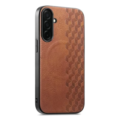 For Samsung Galaxy S26+ Magnetic Phone Case with Grid Pattern Protective PU Leather + PC Cover - Brown