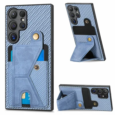 Capa de Telemóvel em Pele para Samsung Galaxy S26 Ultra com Suporte em Forma de K - Azul