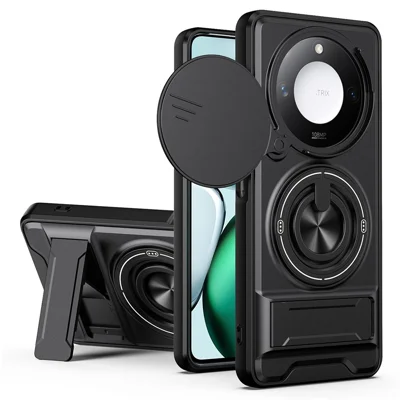 For Honor X9c Smart 5G  /  X60 5G Magnetic Case Ring Holder Foldable Kickstand TPU PC Phone Cover with Camera Lens Slider - Black