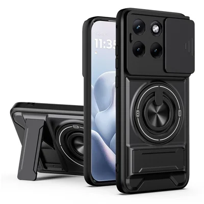 Étui magnétique pour Motorola Edge 70 Fusion 5G, support à anneau rotatif et trépied pliable, coque de téléphone en TPU et PC avec couvercle coulissant pour objectif photo - Noir