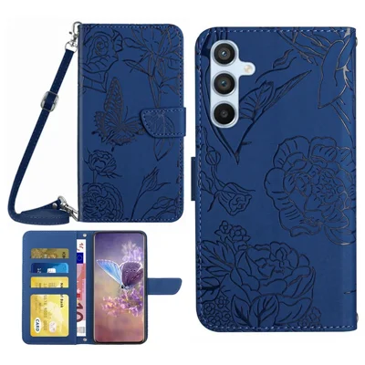 For Samsung Galaxy A54 5G HT03 Butterfly Flowers Imprinted Wallet Phone Case Skin-touch PU Leather Flip Folio Stand Magnetic Cover with Shoulder Strap - Blue