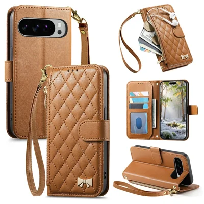 For Google Pixel 10 Pro XL Stand Case Imprint TPU PU Leather Zipper Pocket Wallet Phone Cover with Strap - Brown