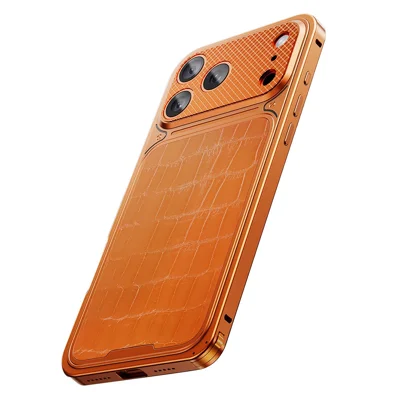 For iPhone 17 Pro Magnetic Case Metal Spring Buckle Leather Coated TPU Phone Cover - Orange