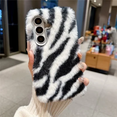 For Samsung Galaxy A37 5G Case Zebra Pattern Soft Plush Fluffy TPU Phone Cover - White