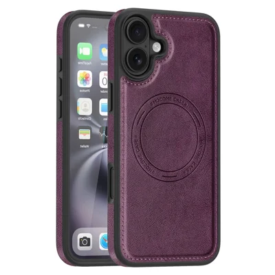 Funda para iPhone 16 Plus compatible con MagSafe, funda de cuero con parte trasera de cuero PU - Morado oscuro