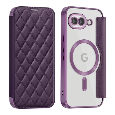 For Google Pixel 10a Magnetic Case RFID Blocking Card Holder Rhombus PU Leather Phone Cover with Lens Film - Dark Purple