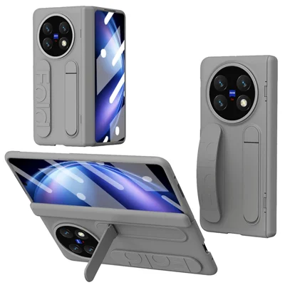 For vivo X Fold6 5G Case Kickstand Wristband PC Phone Cover with Tempered Glass Film - Grey