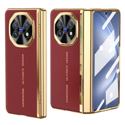For vivo X Fold6 5G Case PU Leather + PC Electroplating Phone Cover with Tempered Glass Screen Film - Red