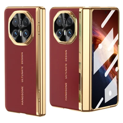 Funda para Honor Magic V6 5G de Cuero PU + PC con Revestimiento Electrolaminado y Película de Cristal Templado - Rojo