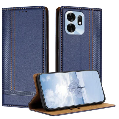 Capa para Telemóvel Honor Play 60A 5G / Honor X6d 5G com Padrão em Grelha em Forma de L, em Pele com Suporte e Ranhuras para Cartões - Azul