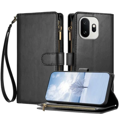 For OnePlus 15T 5G Leather Case Zipper Wallet Stand Shockproof Phone Cover with Wrist Strap - Black