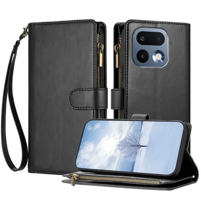 For Realme 16 Pro 5G Leather Case Zipper Wallet Stand Shockproof Phone Cover with Wrist Strap - Black