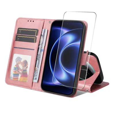 Étui portefeuille pour Xiaomi 17 Ultra 5G ENKAY HAT PRINCE, housse en cuir avec support et protection d'écran 0,18 mm, déverrouillage par empreinte digitale ultrasonique - Rose