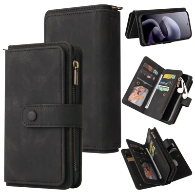 For Motorola Moto G77 5G / Motorola Moto G67 5G Zipper Wallet Case with 15 Card Slots and Strap Leather Phone Cover - Black