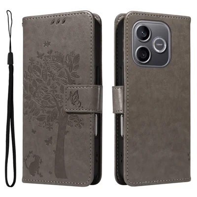 Capa para Telemóvel Honor 600 Lite 5G com Suporte, Estampa de Gato e Árvore, Capa Carteira em Pele - Cinzento