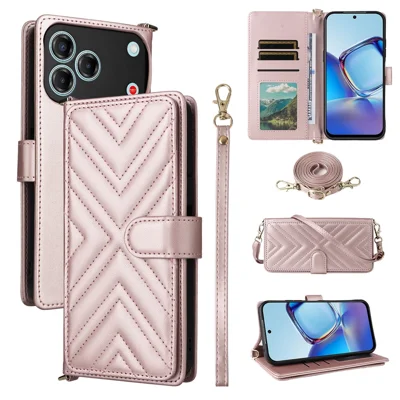 Læderet omslag med stand, wallet og skulder-/håndledsrem til ZTE Blade V80 Vita / V80 Pro 4G - Pink