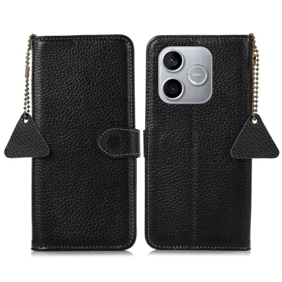 For Honor 600 Lite 5G Case RFID Blocking Genuine Cow Leather Phone Cover Litchi Texture - Black