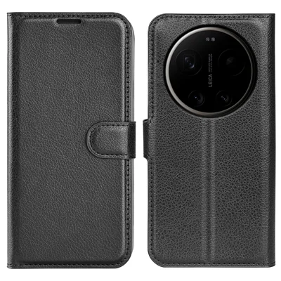Capa Carteira Suporte para Xiaomi 17 Ultra 5G, Capa em Couro Textura de Lichia, Resistente a Choques, Cor Preta